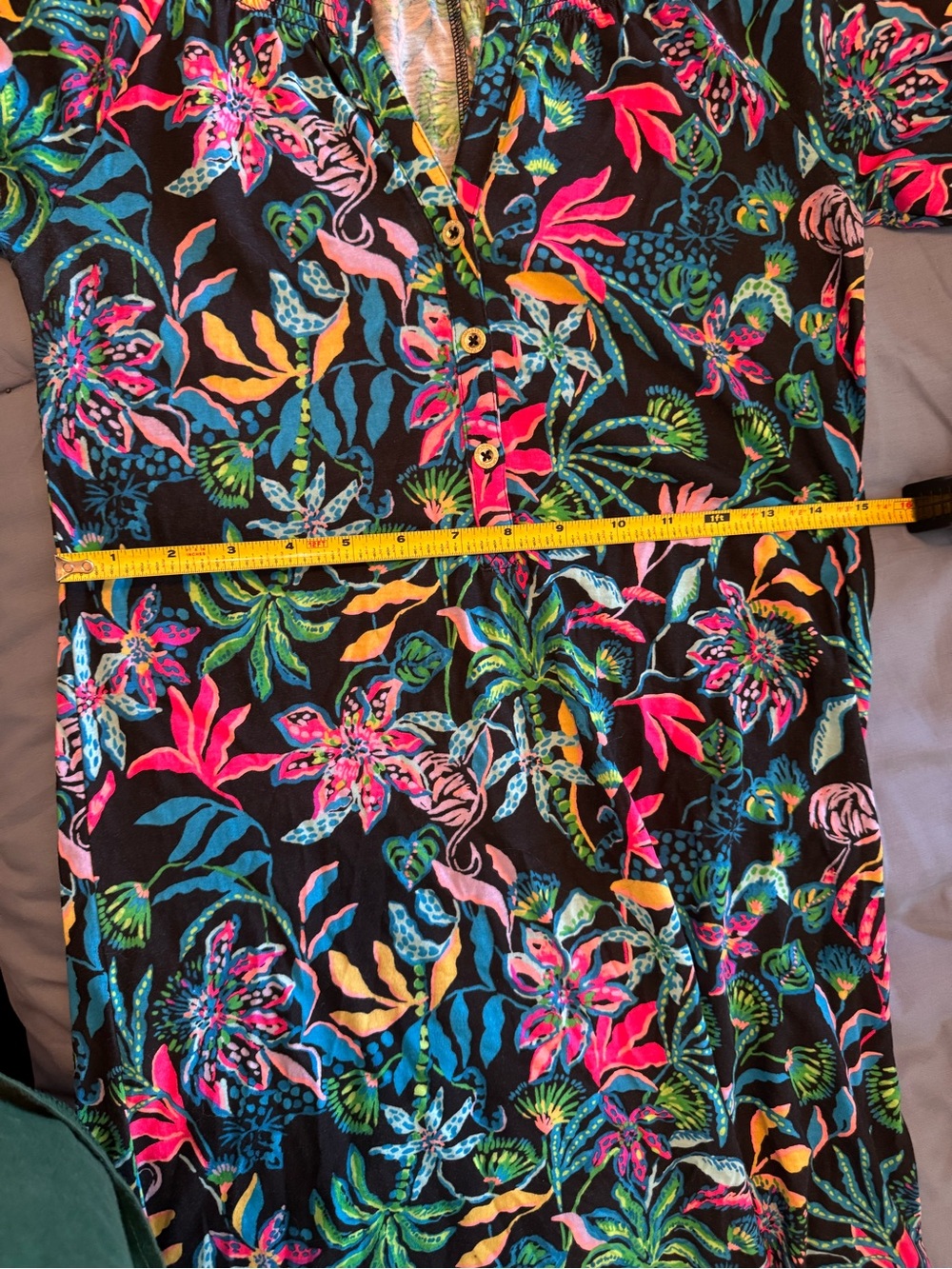 Lilly Pulitzer Black Tropical Floral Jersey Shift Dress Ruffle Cuffs (SZ XXS) - Picture 14 of 16